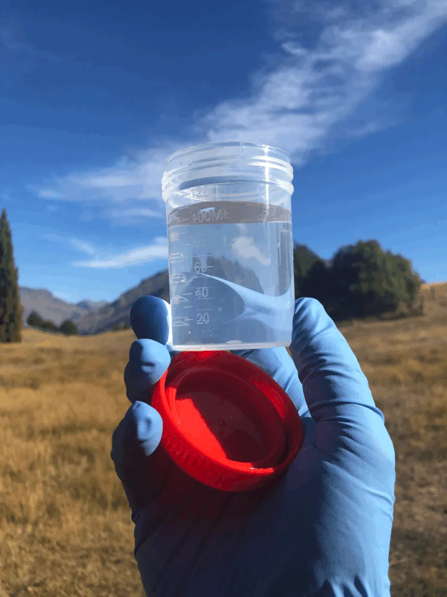 Water sample held up for inspection against a clear sky